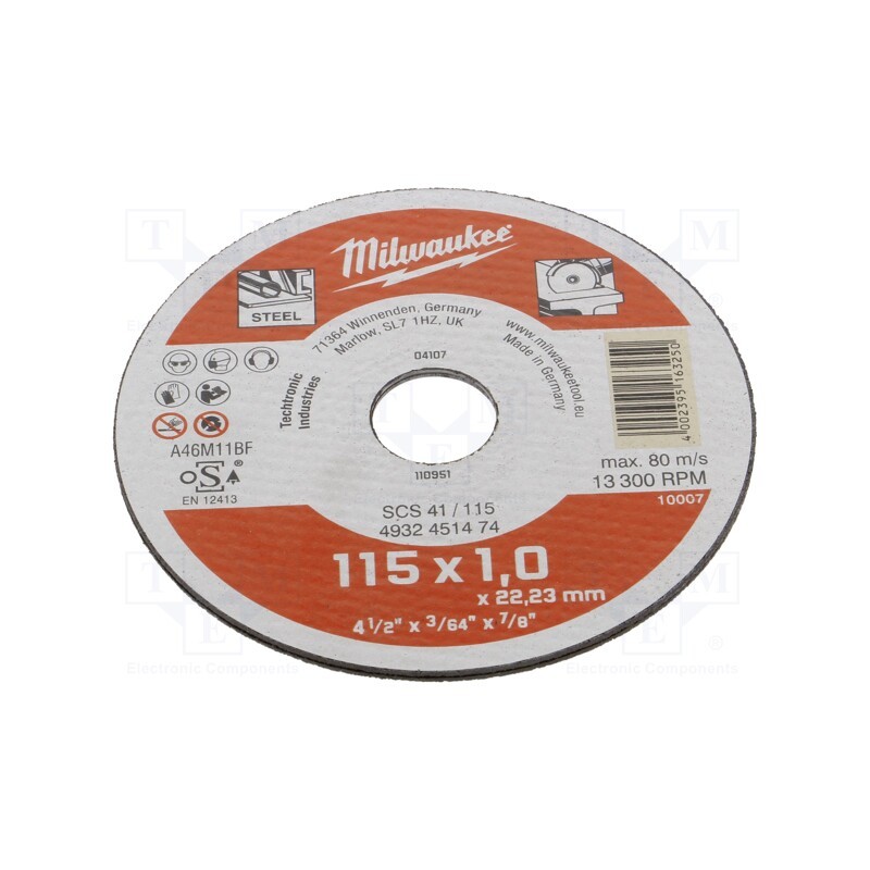 1 pcs x Milwaukee - 4932451474 - Cutting wheel, Ø: 115mm, Øhole: 22.2mm, Disc thick: 1mm, steel
