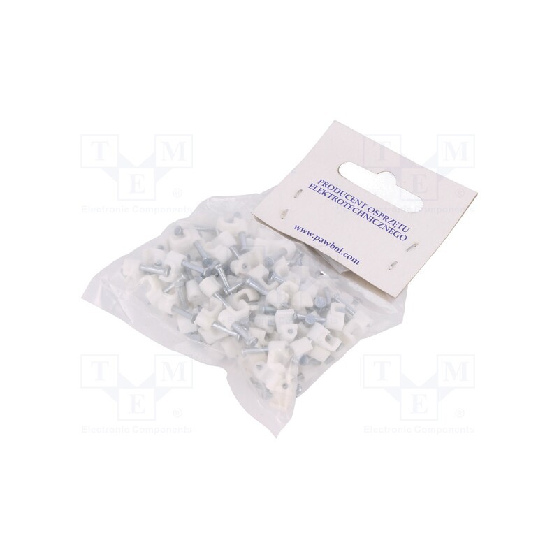 1 pcg x PAWBOL - H.7015A -100 -AS - Holder, white, for flat cable,OMYp 2x0,5, 100pcs, with a nail
