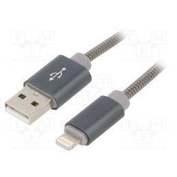 1 pcs x GEMBIRD - CC-USB2S-AMLM-2M-BG - Cable, USB 2.0, Apple Lightning plug,USB A plug, 2m, grey, metal