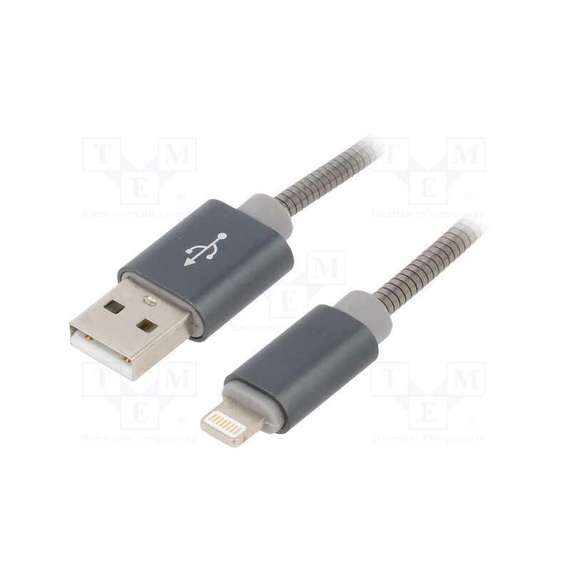 1 pcs x GEMBIRD - CC-USB2S-AMLM-2M-BG - Cable, USB 2.0, Apple Lightning plug,USB A plug, 2m, grey, metal