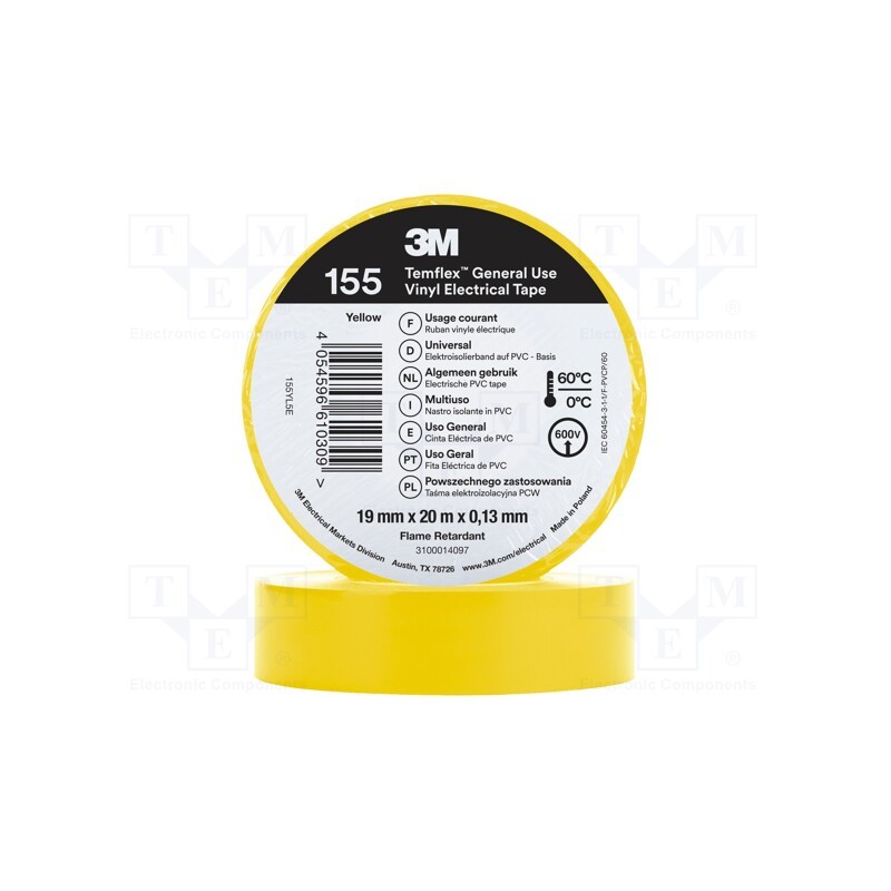 1 rol x 3M - 155YL5E - Tape: electrical insulating, W: 19mm, L: 20m, Thk: 130um, yellow