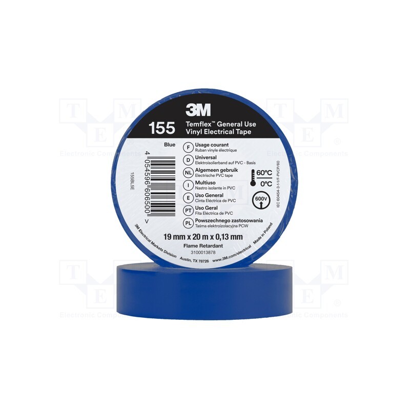 1 rol x 3M - 155BL5E - Tape: electrical insulating, W: 19mm, L: 20m, Thk: 130um, blue, 150%