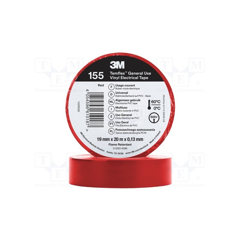 1 rol x 3M - 155RD5E - Tape: electrical insulating, W: 19mm, L: 20m, Thk: 130um, red, rubber