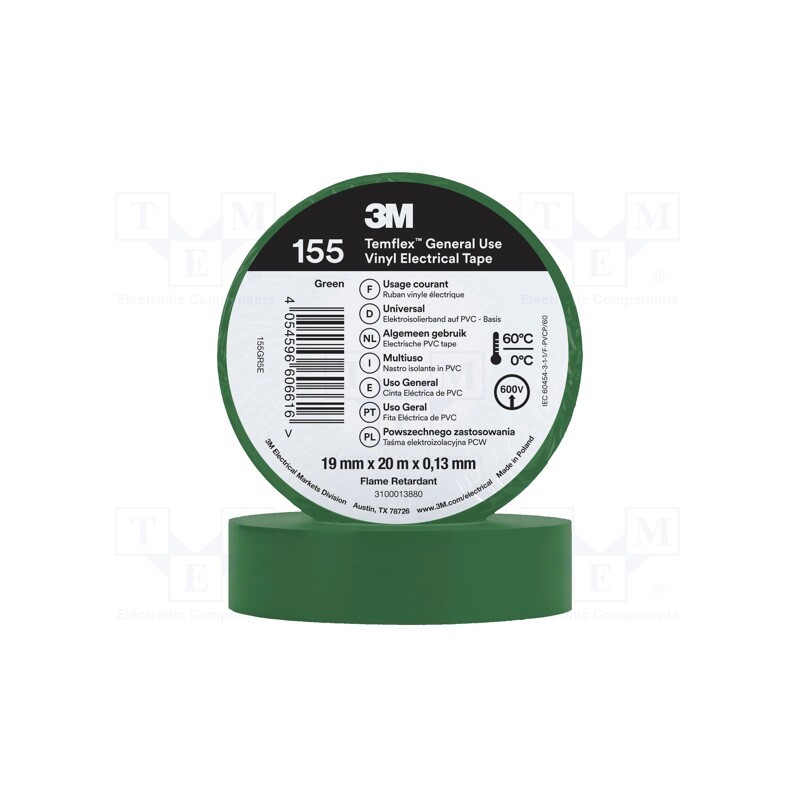 1 rol x 3M - 155GR5E - Tape: electrical insulating, W: 19mm, L: 20m, Thk: 130um, green, 150%