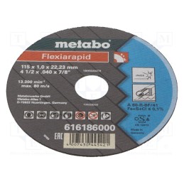 1 pcs x METABO - 616186000 - Cutting wheel, Ø: 115mm, Øhole: 22.2mm, Disc thick: 1mm
