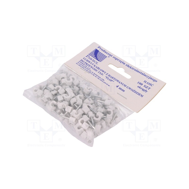 1 pcg x PAWBOL - H.7002A -100 - Holder, white, on round cable, 100pcs, with a nail, 4mm