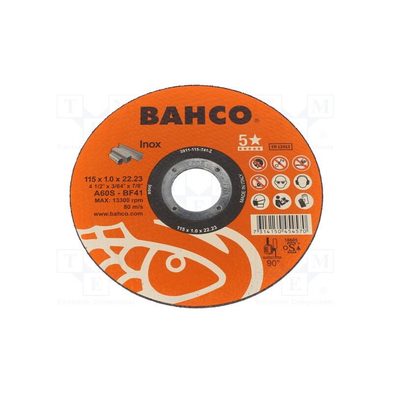 1 pcs x BAHCO - 3911-115-T41-I - Cutting wheel, Ø: 115mm, Øhole: 22.23mm, Disc thick: 1mm, Class: 5*