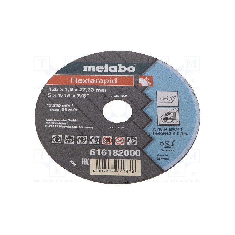 1 pcs x METABO - 616182000 - Cutting wheel, Ø: 125mm, Øhole: 22.23mm, Disc thick: 1.6mm