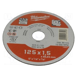 1 pcs x Milwaukee - 4932451479 - Cutting wheel, Ø: 125mm, Øhole: 22.2mm, Disc thick: 1.5mm