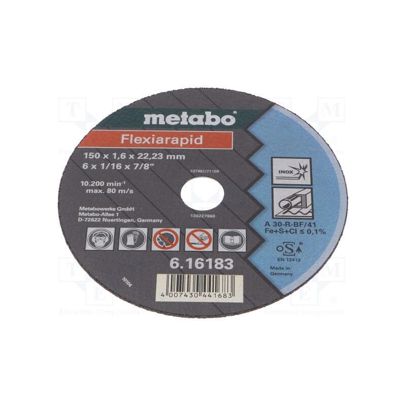 1 pcs x METABO - 616183000 - Cutting wheel, Ø: 150mm, Øhole: 22.23mm, Disc thick: 1.6mm