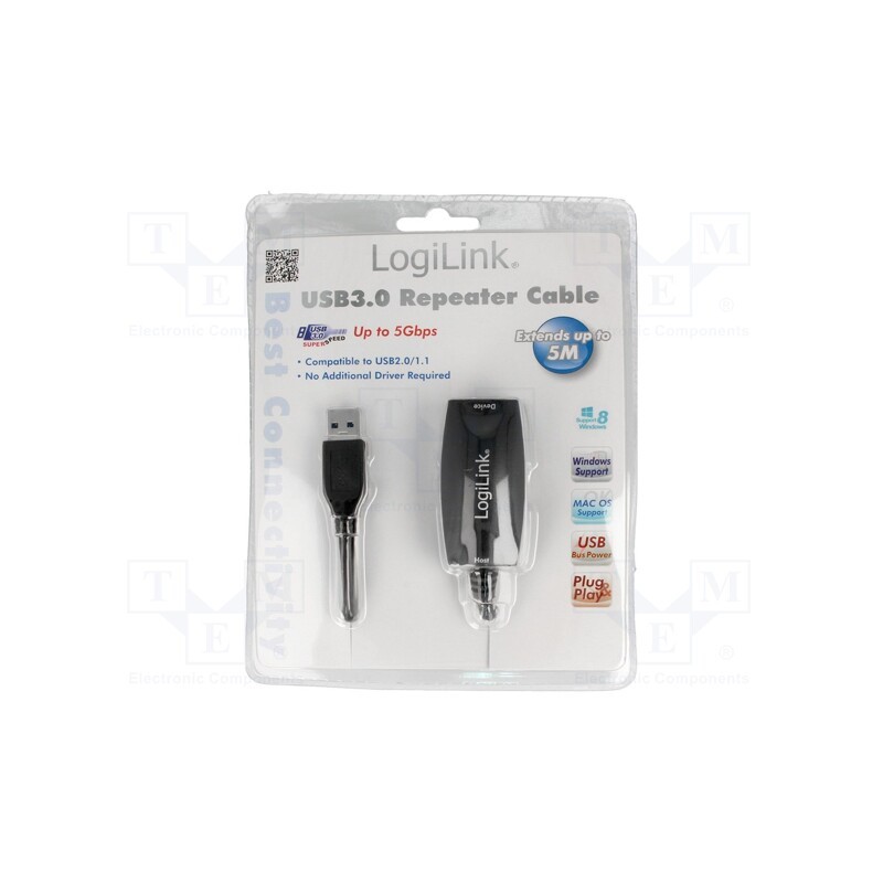 1 pcs x LOGILINK - UA0127 - Repeater USB, USB 3.0, USB A socket,USB A plug, 5m, black, 5Gbps