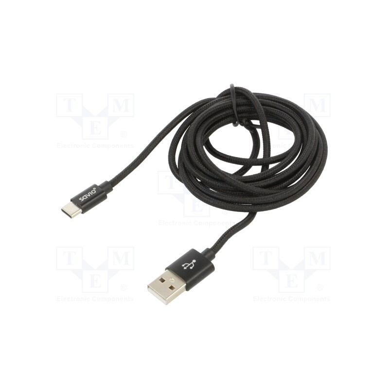1 pcs x SAVIO - SAVKABELCL-129 - Cable, USB 2.0, USB A plug,USB C plug, 2m, black, 480Mbps, textile