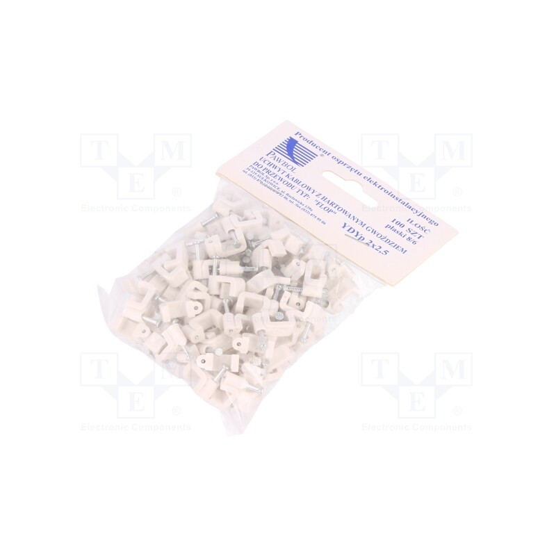 1 pcg x PAWBOL - H.7013A -100 -AS - Holder, white, for flat cable,YDYp 2x2,5, 100pcs, with a nail