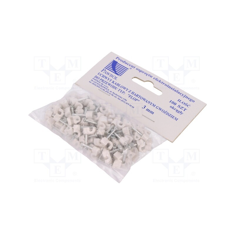 1 pcg x PAWBOL - H.7001A -100 - Holder, white, on round cable, 100pcs, with a nail, 3mm