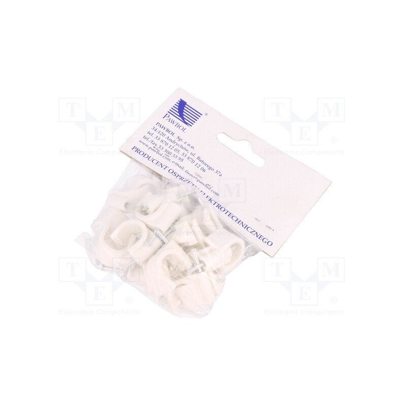 1 pcg x PAWBOL - H.7017A -25 -AS - Holder, white, on round cable, 25pcs, with a nail, 14mm