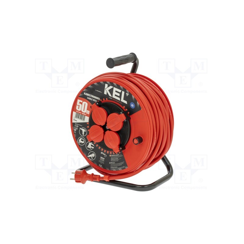 1 pcs x KEL - W-98702 - Extension lead, 3x2.5mm2, reel, Sockets: 4, rubber, red, 50m, 16A