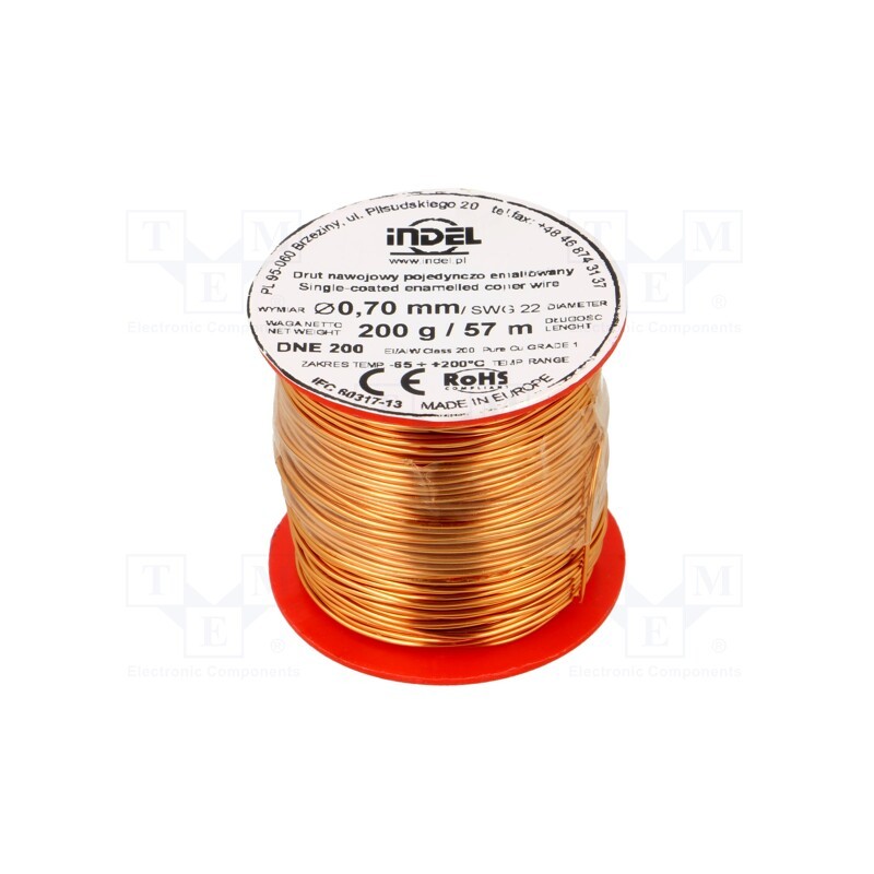 1 rol x INDEL - DNE0,70-200G - Coil wire, single coated enamelled, 0.7mm, 0.2kg, -65÷200°C