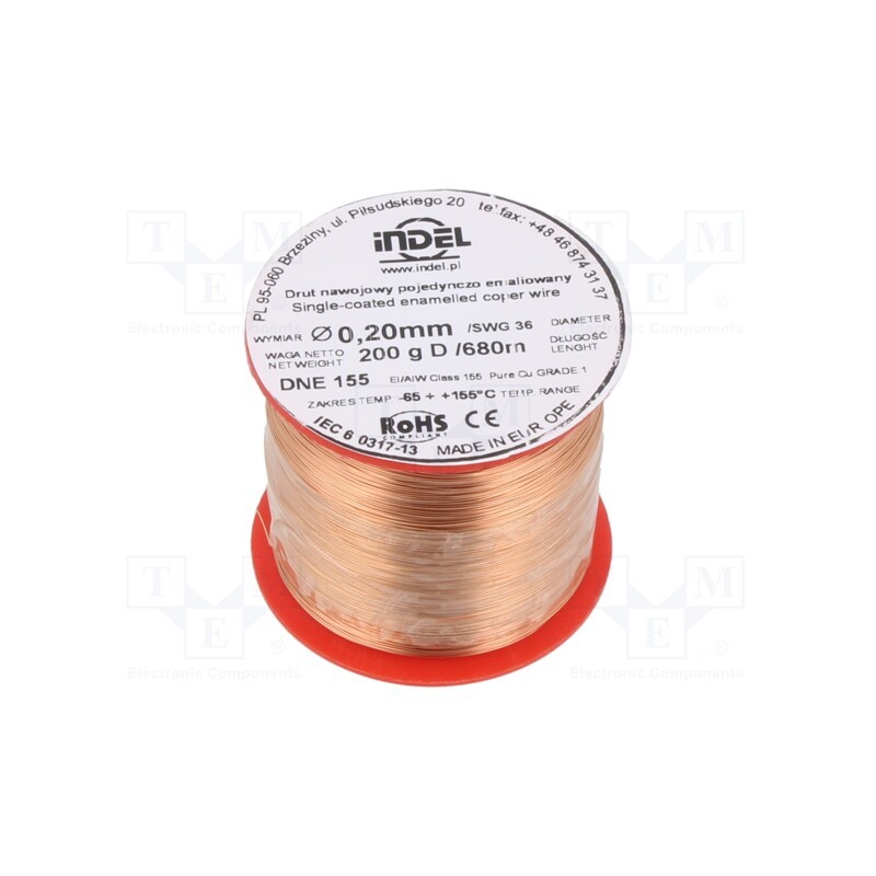 1 rol x INDEL - DNE0,20-200G - Coil wire, single coated enamelled, 0.2mm, 0.2kg, -65÷155°C