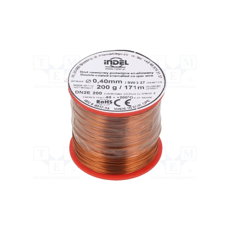 1 rol x INDEL - DN2E0,40-200G - Coil wire, double coated enamelled, 0.4mm, 0.2kg, -65÷200°C