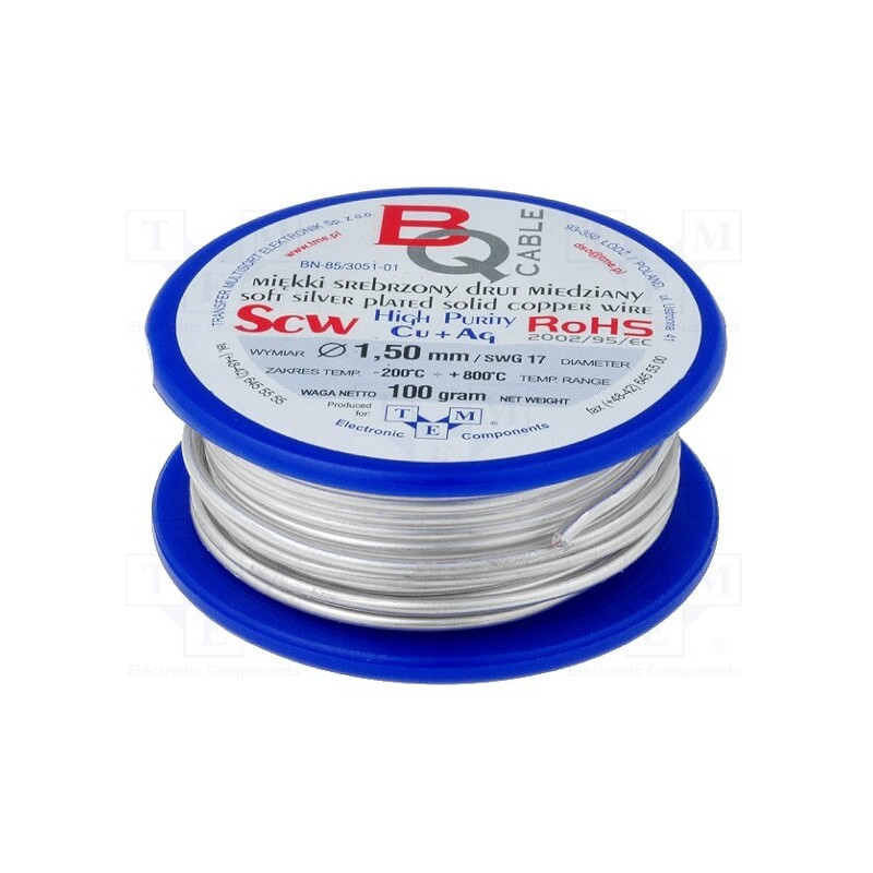 1 rol x BQ CABLE - SCW-1.50/100 - Silver plated copper wires, 1.5mm, 100g, Cu,silver plated, 6m