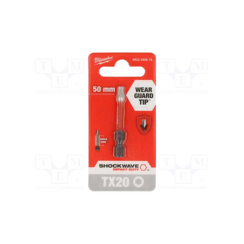 1 pcs x Milwaukee - 4932430876 - Screwdriver bit, Torx®, TX20, Overall len: 50mm, Kind: impact