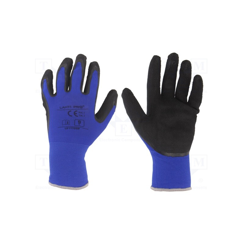 1 set x LAHTI PRO - L211709K - Protective gloves, Size: 9, black-navy blue, latex,polyamide
