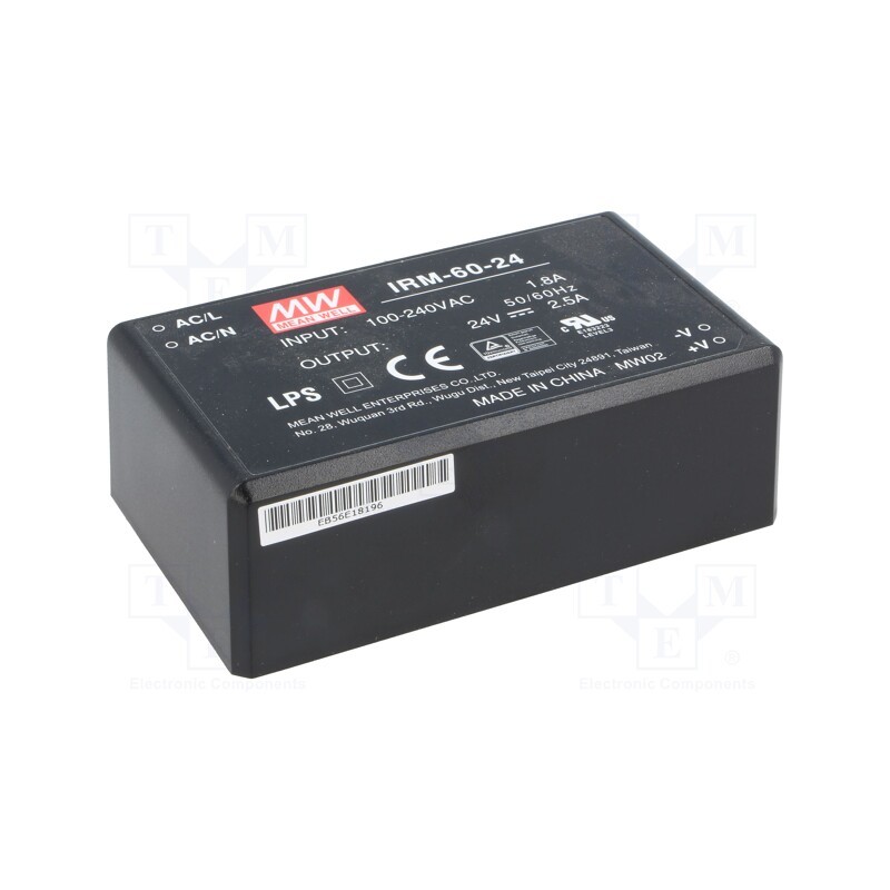 1 pcs x MEAN WELL - IRM-60-24 - Converter: AC/DC, 60W, 85÷264VAC, 24VDC, Iout: 2500mA, OUT: 1, 90%
