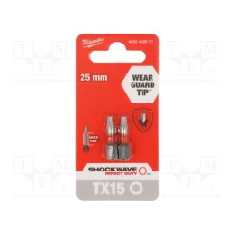 1 set x Milwaukee - 4932430872 - Screwdriver bit, Torx®, TX15, Overall len: 25mm, 2pcs, Kind: impact