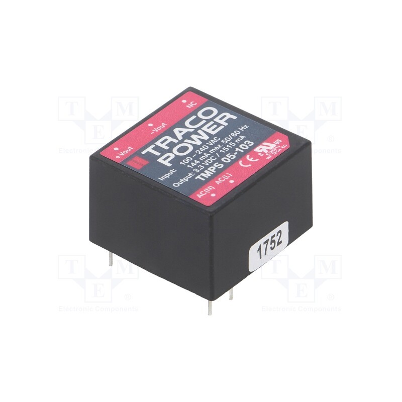 1 pcs x TRACO POWER - TMPS 05-103 - Converter: AC/DC, 5W, 85÷264VAC, Usup: 120÷370VDC, Uout: 3.3VDC