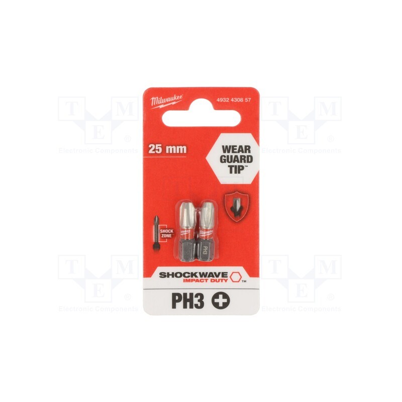 1 pcg x Milwaukee - 4932430857 - Screwdriver bit, Phillips, PH3, Overall len: 25mm, 2pcs.