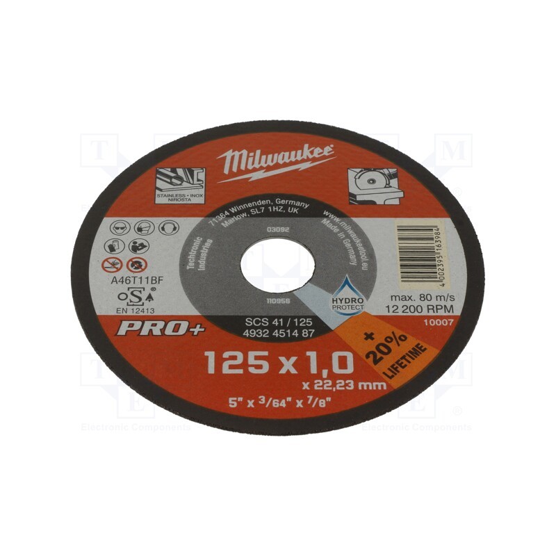 1 pcs x Milwaukee - 4932451487 - Cutting wheel, Ø: 125mm, Øhole: 22.2mm, Disc thick: 1mm