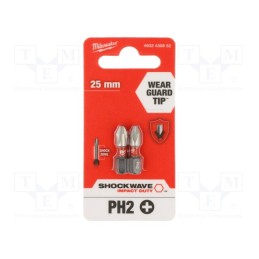 1 pcg x Milwaukee - 4932430852 - Screwdriver bit, Phillips, PH2, Overall len: 25mm, 2pcs.