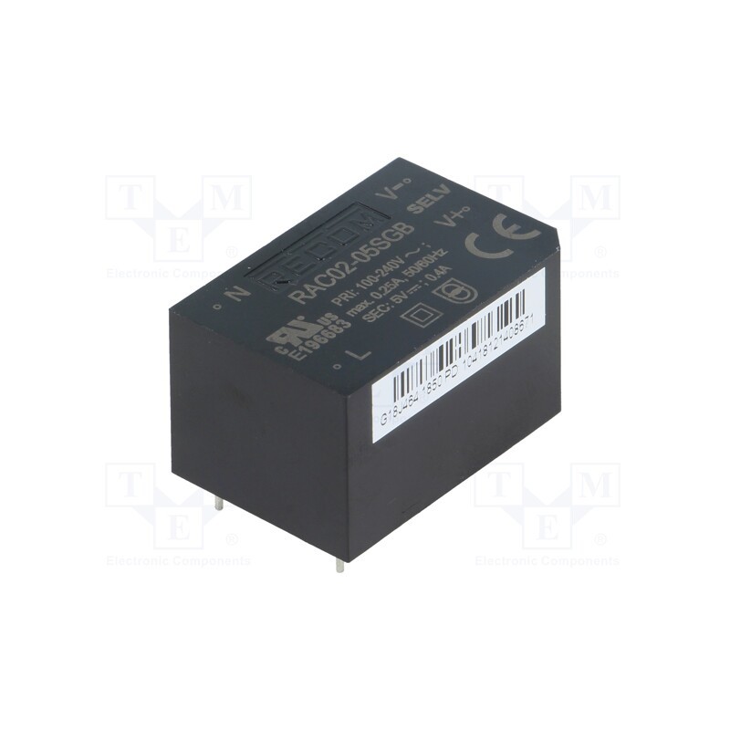 1 pcs x RECOM - RAC02-05SGB - Converter: AC/DC, 2W, 85÷264VAC, 5VDC, Iout: 400mA, 63%, PCB, 3000V