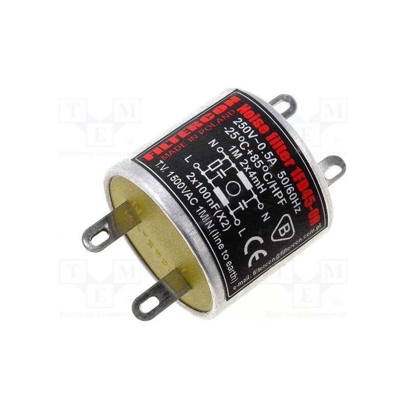 1 pcs x FILTERCON - 1FD45-0R - Filter: anti-interference, mains, 100nF, 4mH, Ioper.max: 0.5A, 250V