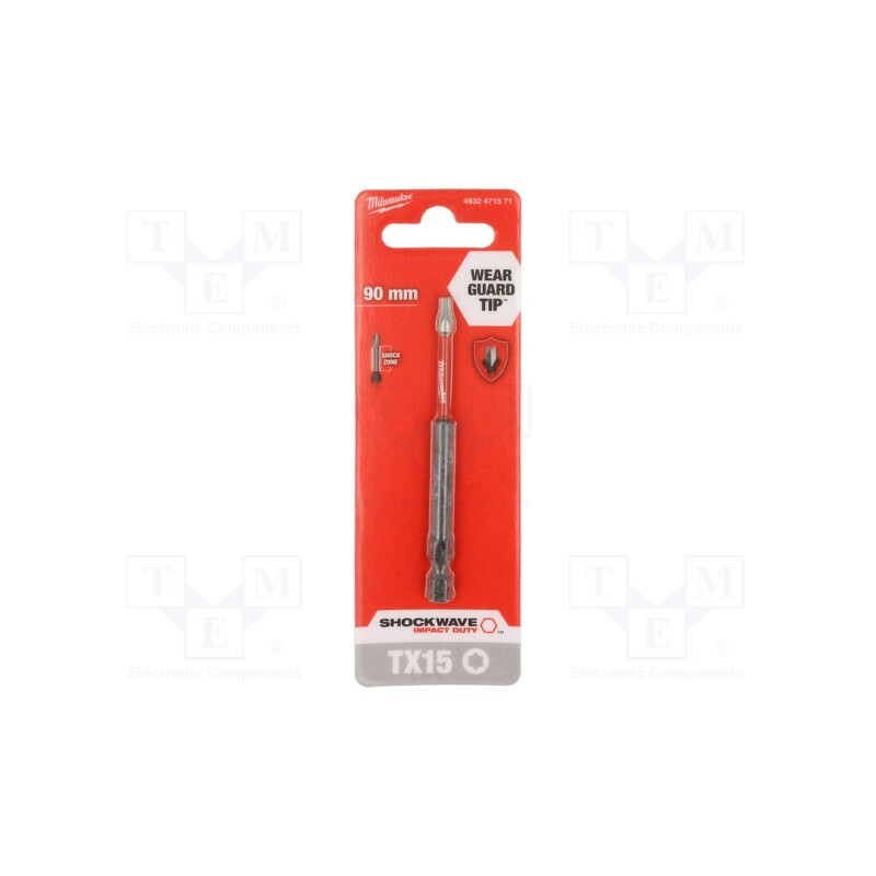 1 pcs x Milwaukee - 4932471571 - Screwdriver bit, Torx®, TX15, Overall len: 90mm, Kind: impact
