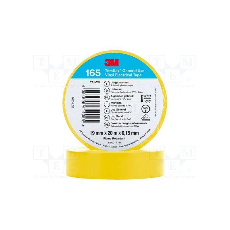 1 rol x 3M - 165YL5E - Tape: electrical insulating, W: 19mm, L: 20m, Thk: 0.15mm, yellow