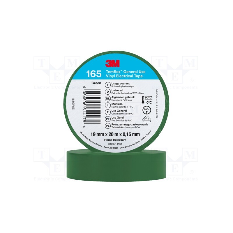 1 rol x 3M - 165GR5E - Tape: electrical insulating, W: 19mm, L: 20m, Thk: 0.15mm, green