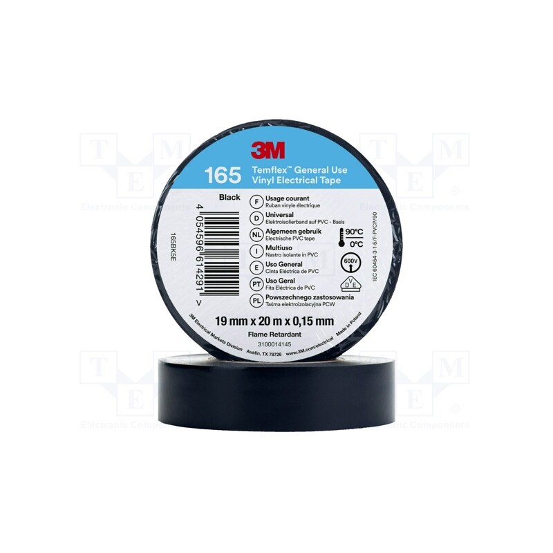 1 rol x 3M - 165BK5E - Tape: electrical insulating, W: 19mm, L: 20m, Thk: 0.15mm, black