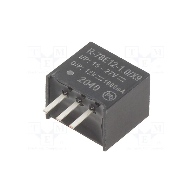 1 pcs x RECOM - R-78E12-1.0/X9 - Converter: DC/DC, 12W, Uin: 15÷27V, Uout: 12VDC, Iout: 1A, SIP3, PCB