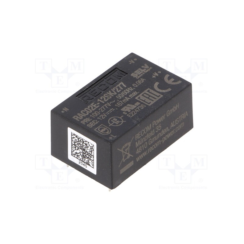 1 pcs x RECOM - RAC02E-12SK/277 - Converter: AC/DC, 2W, 85÷305VAC, 12VDC, Iout: 167mA, 73%, PCB, 4000V