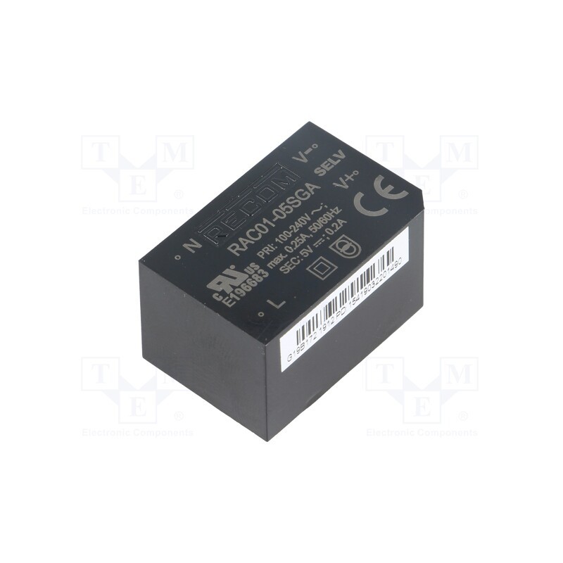 1 pcs x RECOM - RAC01-05SGA - Converter: AC/DC, 1W, 85÷264VAC, 5VDC, Iout: 200mA, 63%, PCB, 3000V