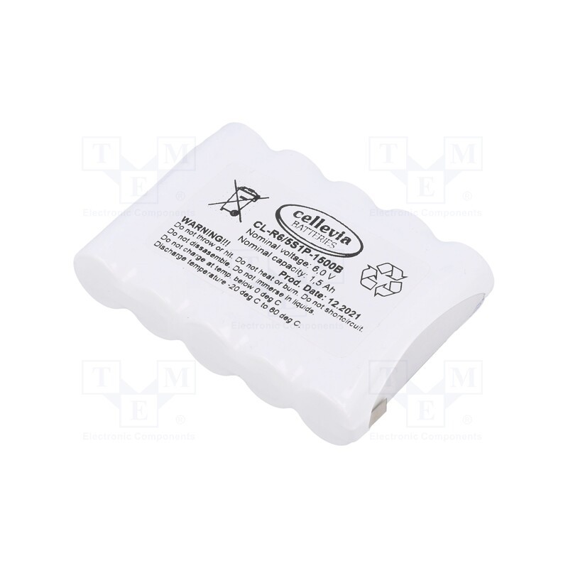 1 pcs x CELLEVIA BATTERIES - CL-R6/5S1P-1500B - Re-battery: Ni-MH, AA, 6V, 1500mAh, soldering lugs, 71x15x52mm