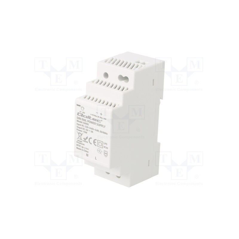 1 pcs x QOLTEC - 50995 - Power supply: switched-mode, for DIN rail, 15W, 5VDC, 3A, IP20