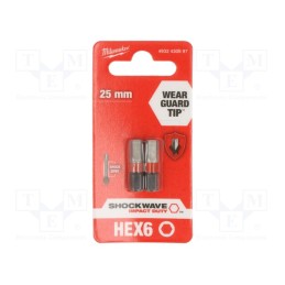 1 pcg x Milwaukee - 4932430897 - Screwdriver bit, hex key, HEX 6mm, Overall len: 25mm, 2pcs.