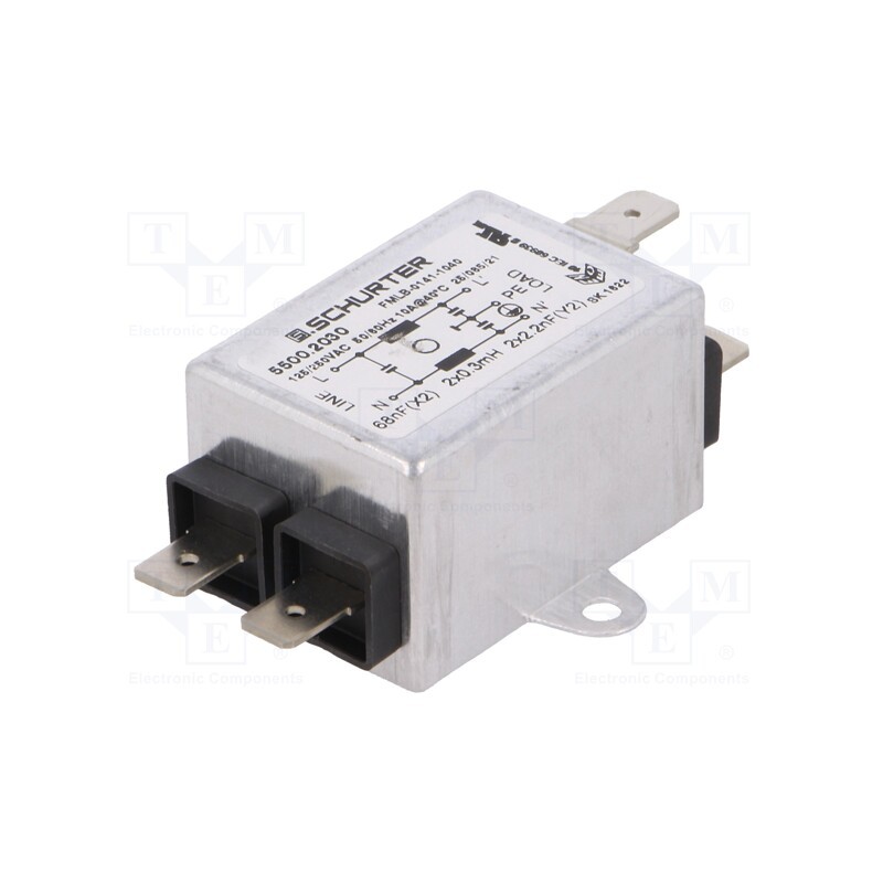 1 pcs x SCHURTER - 5500.203 - Filter: anti-interference, 250VAC, Cx: 68nF, Cy: 2.2nF, 300uH, THT