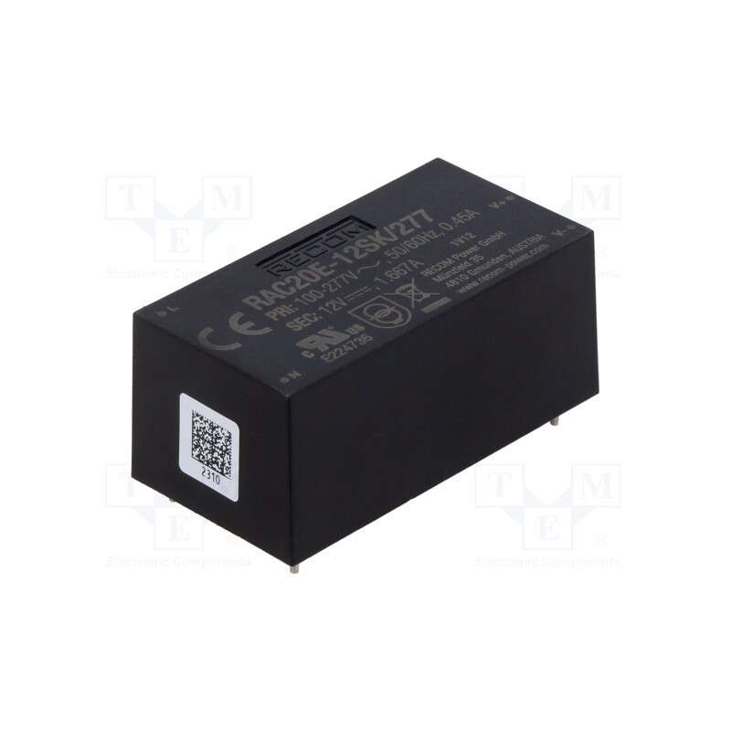 1 pcs x RECOM - RAC20E-12SK/277 - Converter: AC/DC, 20W, 85÷305VAC, 12VDC, Iout: 1667mA, 83%, PCB, RAC