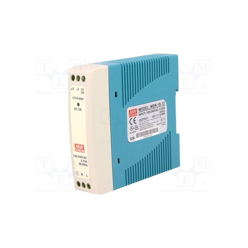 1 pcs x MEAN WELL - MDR-10-12 - Power supply: switched-mode, for DIN rail, 10W, 12VDC, 0.84A, 81%