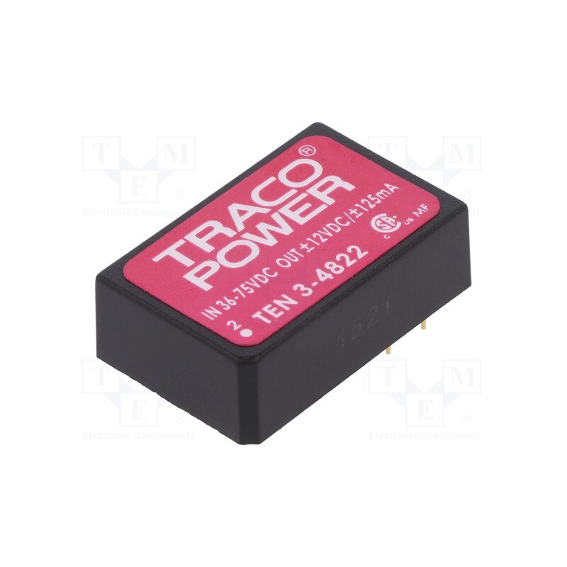 1 pcs x TRACO POWER - TEN 3-4822 - Converter: DC/DC, 3W, Uin: 36÷72V, Uout: 12VDC, Uout2: -12VDC, DIP24