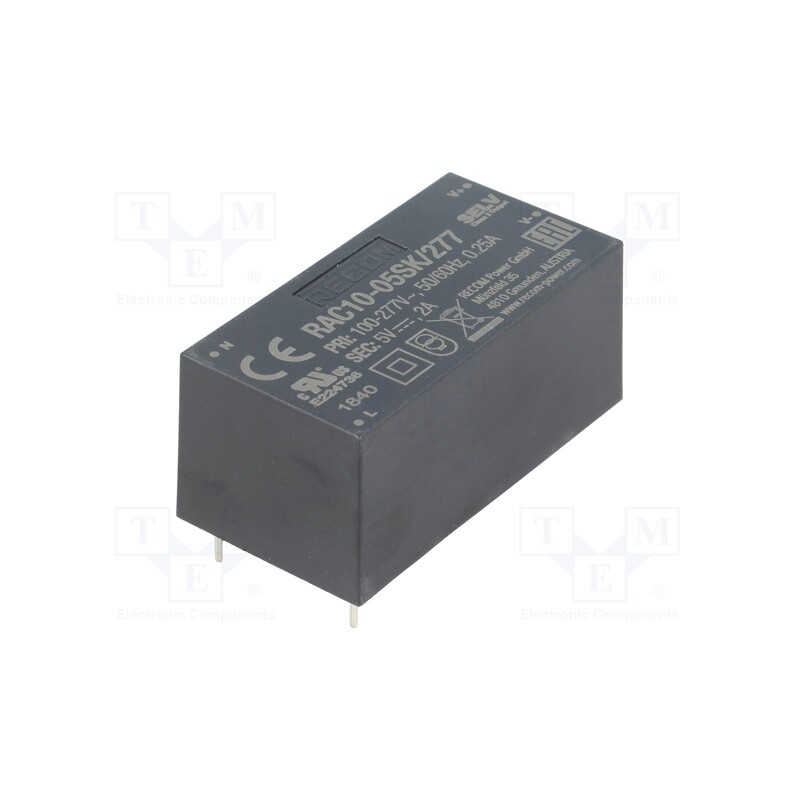 1 pcs x RECOM - RAC10-05SK/277 - Converter: AC/DC, 10W, 85÷305VAC, Usup: 120÷430VDC, Uout: 5VDC, 82%