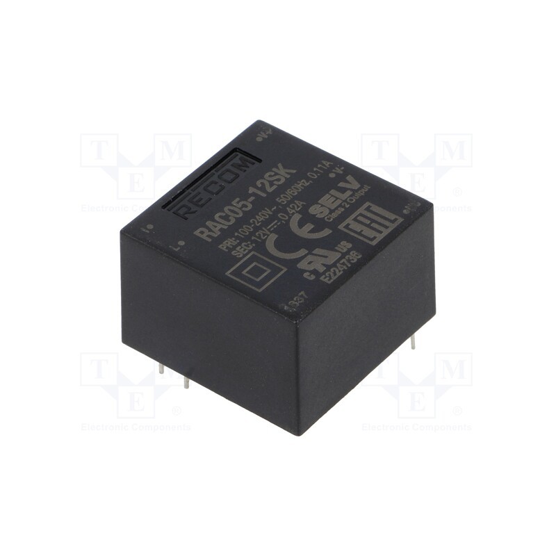 1 pcs x RECOM - RAC05-12SK - Converter: AC/DC, 5W, 85÷264VAC, Usup: 120÷370VDC, Uout: 12VDC, 81%